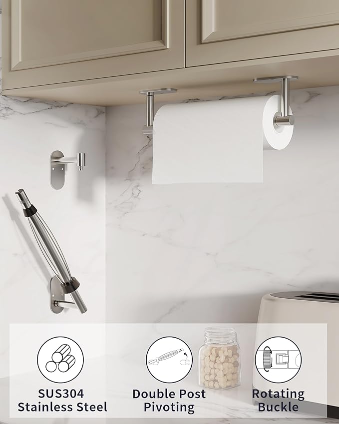 WZKALY Paper Towel Holder Under Cabinet, Self Adhesive or Wall Mount for Kitchen Bathroom, Stainless Steel Paper Towel Holders with Damping Effect, Single Hand Operable (Silver)