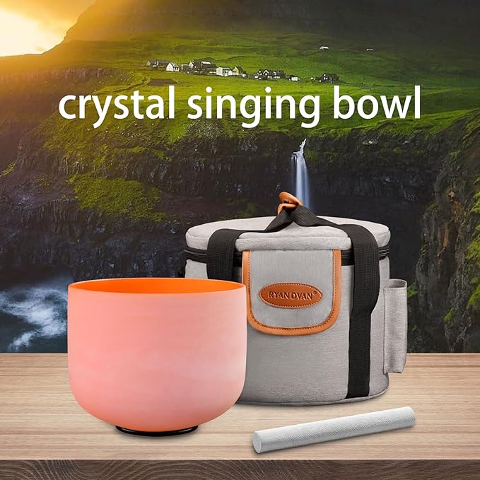 RYAN DVAN 8” D Note Orange Frosted Sacral Chakra Crystal Singing Bowl with Free Heavy-Duty Carrying Case and Suede Striker O-Ring
