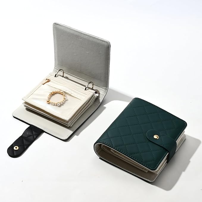 Oirlv Mini Travel Jewelry Organizer Case Portable Jewelry Book with Velvet Pouches for Jewelry Travel Essentials (Blue-Green)
