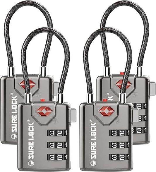 SURE LOCK TSA Approved Combination Luggage Locks with Open Alert Indicator – Durable Zinc Alloy Cable Travel Locks with Large Easy-Read Dials for Suitcases, Backpacks & Gym Bags(Grey 4 Pack)