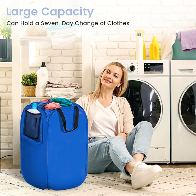 HOUSE AGAIN Upgraded Pop-up Laundry Hamper, Collapsible Laundry Basket with Durable Handles Solid Bottom High Steel Frame, Portable Foldable Dirty Clothes for Dorm, Laundry room Travel, Blue