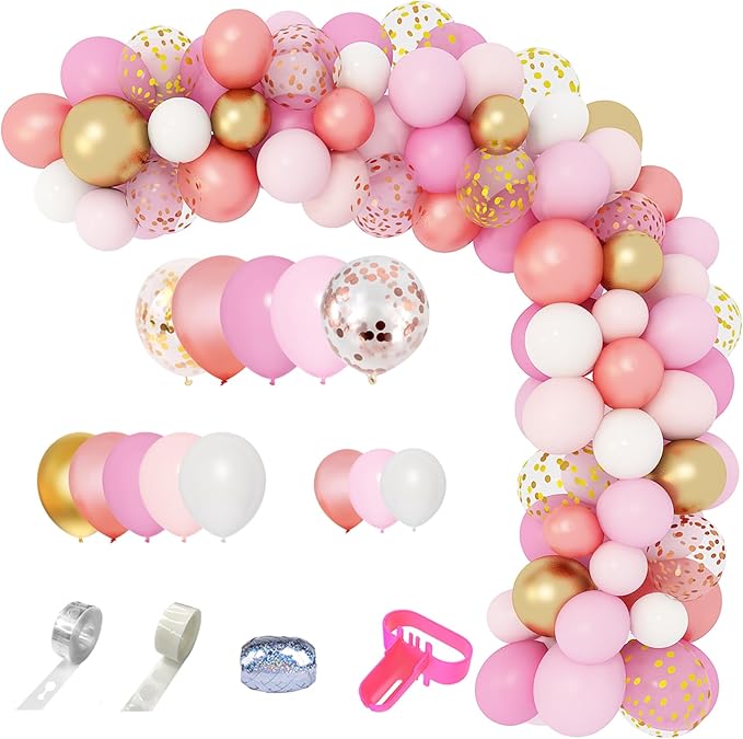 Amandir 164Pcs Rose Gold Pink Balloons Garland Arch Kit Light Pink Gold White Confetti Latex Metallic Balloons for Valentine's Day Birthday Decorations Baby Shower Wedding Graduation Party Decorations