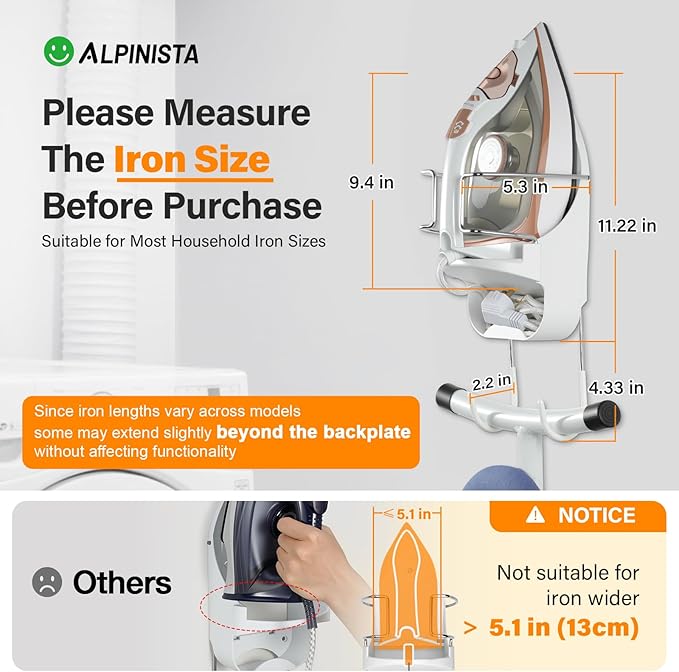 Alpinista Ironing Board Hanger Wall Mount Ironing Board Holder Wall Mount for Laundry Rooms Storage Organizer, White