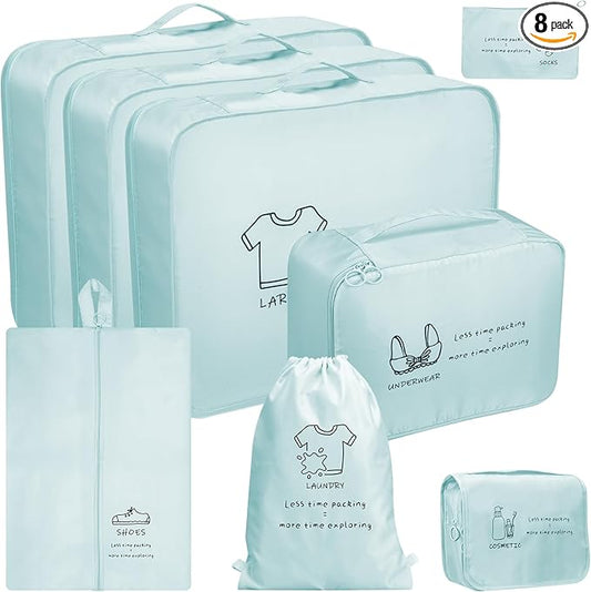 SKYREH 8 Set Travel Packing Organizers- Luggage Organizer for Suitcase Organization with Hanging Toiletry, Shoe & Laundry Bags, Packing Cubes for Travel Essentials, Cute Gifts for Women, Lake Blue