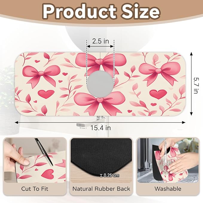 1 PC 15.4*5.7 Inch Absorbent Faucet Mat for Kitchen Sink Splash Guard Fast Drying Kitchen Faucet Mat for Bathroom Kitchen Bow Tie