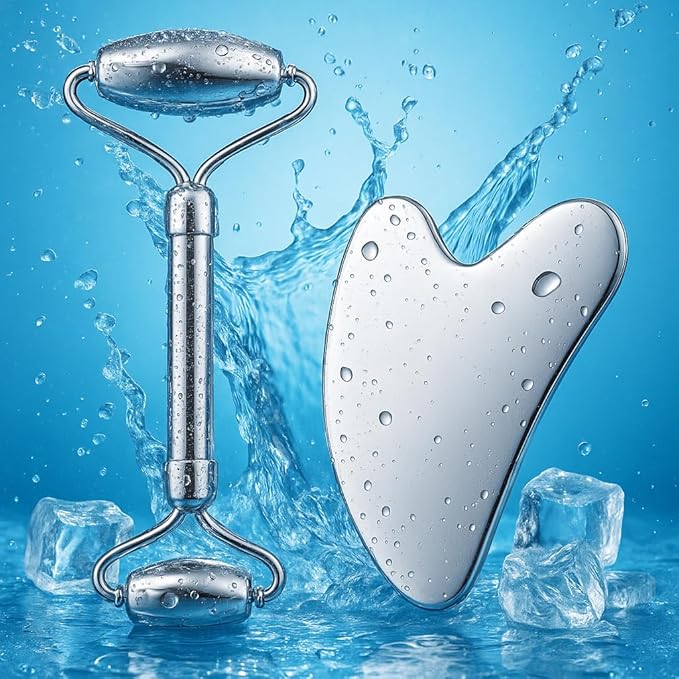 Stainless Steel Gua Sha and Face Roller Set Facial Massager Tools, Lymphatic Drainage Massager Metal Gua Sha Skin Self Care Gifts for Women, Face Sculpting Guasha for Body Eyes with Pouch