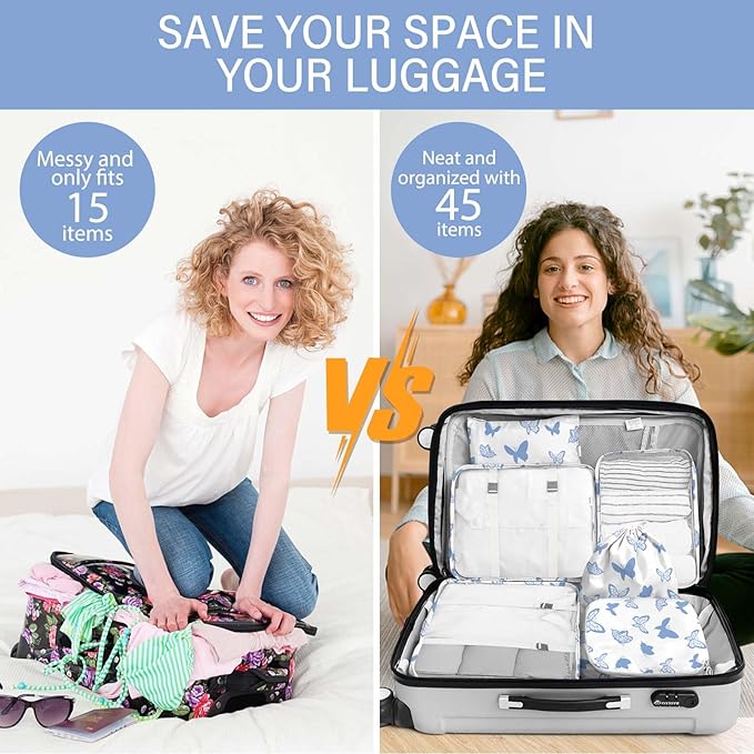KPX 8 Set Packing Cubes for Travel, Luggage Packing Organizers Accessories Large Toiletry Bag for Clothes Shoes Cosmetics (8Set-Butterfly)