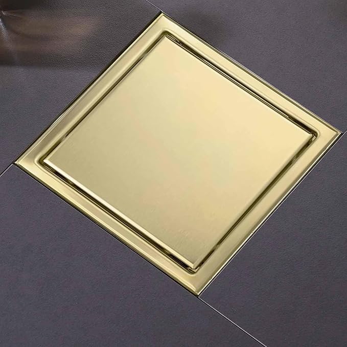 6 Inch Square Shower Floor Drain, Shower Drain Kit with Flange and 2 in 1 Tile-Insert Cover, Square Shower Drain, SUS 304 Stainless Steel Floor Drain,Brushed Gold