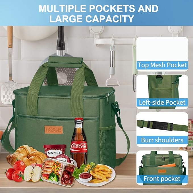 Iknoe Large Cooler Bag Collapsible 24 Can Insulated Bags Leakproof Lunch Cooler Tote with Multi-Pockets for Adult Insulated Thermal Bag for Beach, Picnic, Office Work (Military Green)