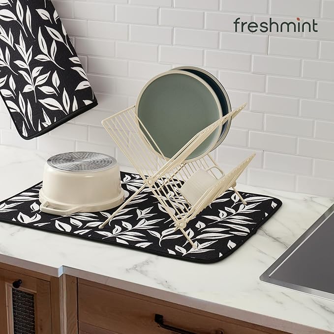 FRESHMINT Printed Dish Drying Mats for Kitchen Counter 2 Pack Absorbent Reversible Drying Mats Microfiber Kitchen Countertop Protector Dishes Drying Pad Extra Large 18"x24" Dish Mat