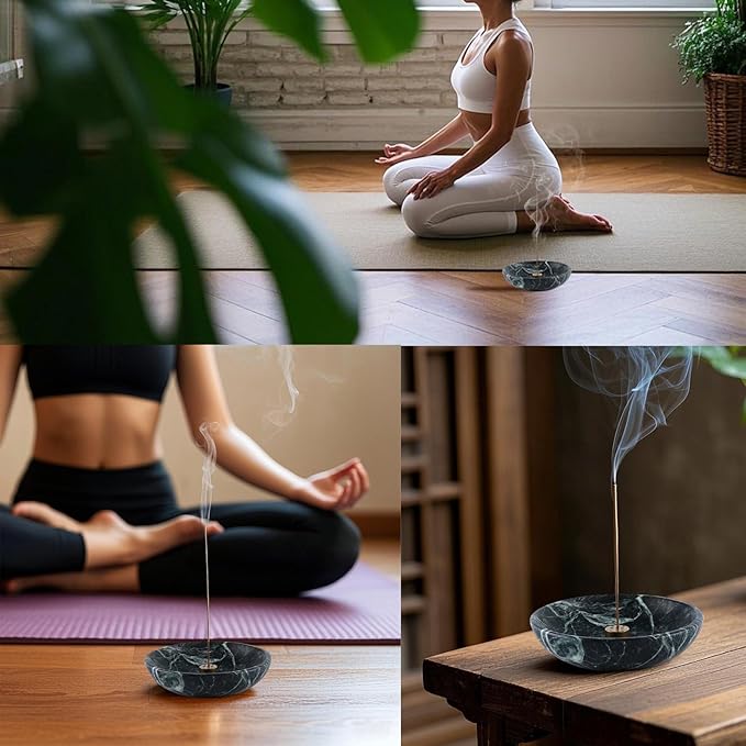 Koville Natural Marble Incense Holder, Incense Holder for Sticks with 9 Holes, Handmade Incense Burner Ash Catcher for Meditation Yoga SPA, Balsam Fir/Palo Santo/Sage/Cone (Green)