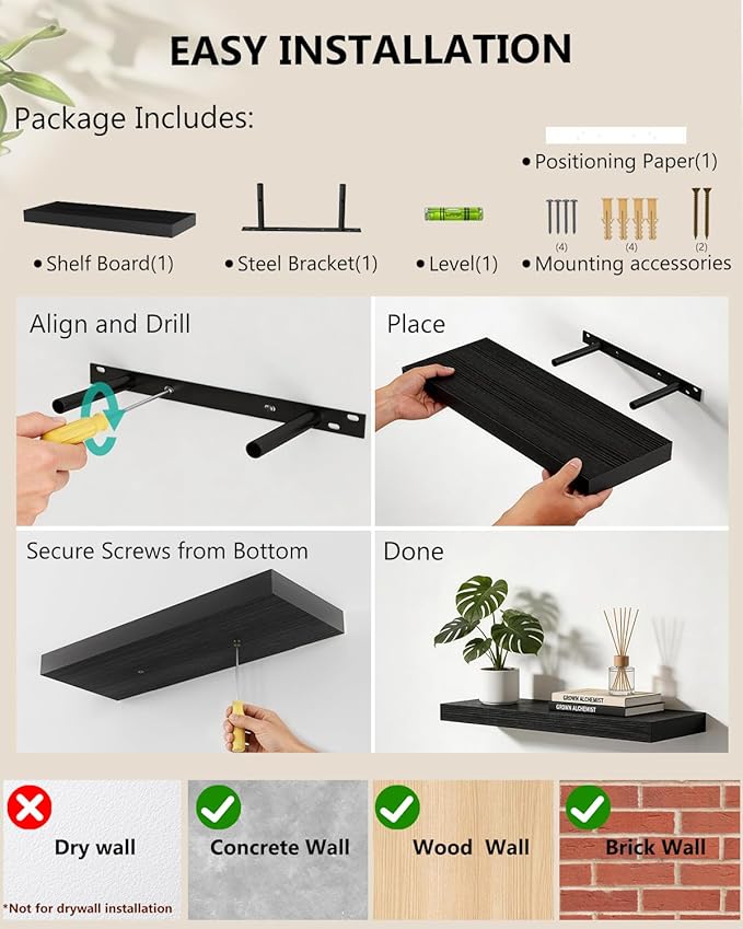 WALI Floating Shelves for Wall, 1 Tier Bathroom Storage Shelf Over Toilet, for Bedroom Bookshelf, Living Room Decor, Kitchen, Nursery, Laundry, Soundbar Floating Shelf Mount Under TV (CS101L), Black