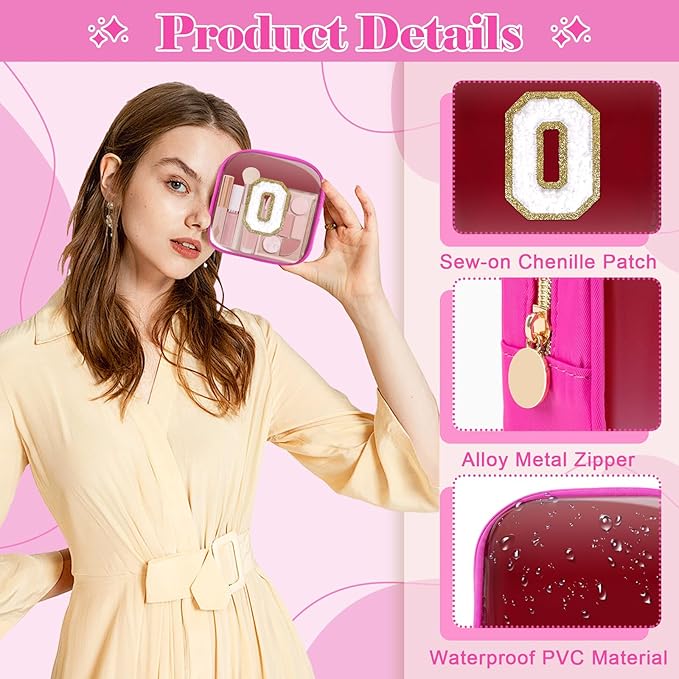 Personalized Initial Letter Clear Preppy Makeup Bag, Mini Nylon Chenille Letter Cosmetic Bag Cute Zipper Pouch Coin Purse for Teen Girls, Portable TSA Approved Travel Essentials Bag Gift for Women, O