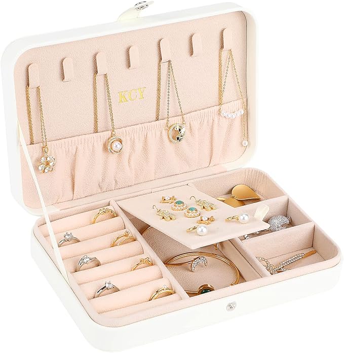 KCY Jewelry Box for Women Girls, Small Travel Jewelry Organizer Case, PU Leather Portable Jewelry Storage Boxes Display Holder for Ring Earrings Necklace Bracelet Bangle, Men Teen Kids Gift, White