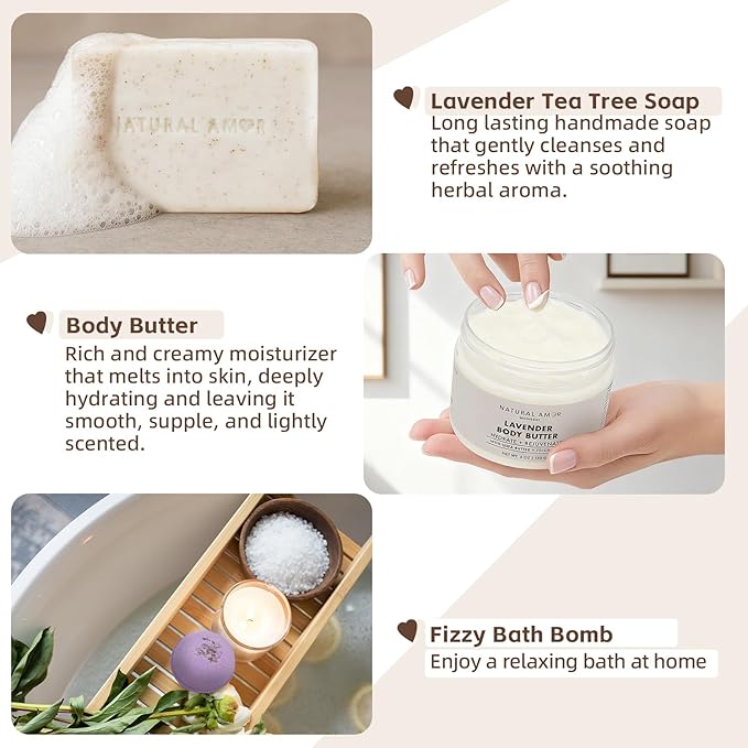 Natural Amor 5-Piece Lavender Spa Gift Set – Bath Bomb, Body Butter, Bar Soap, Bath Salt, Candle – Relaxing Self Care Kit for Women – Gift Box for Birthday, Thank You, Get Well
