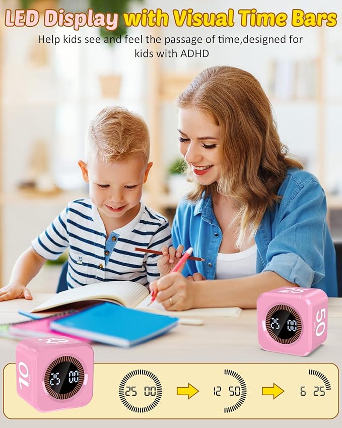 Pomodoro Timer Cube Visual Productivity Flip Timer for Kids Classroom Desk, 5/10/25/50min& Custom Countdown, Silent&Sound Mode Digital Cube for ADHD Study Work School Game Kitchen (Pink)