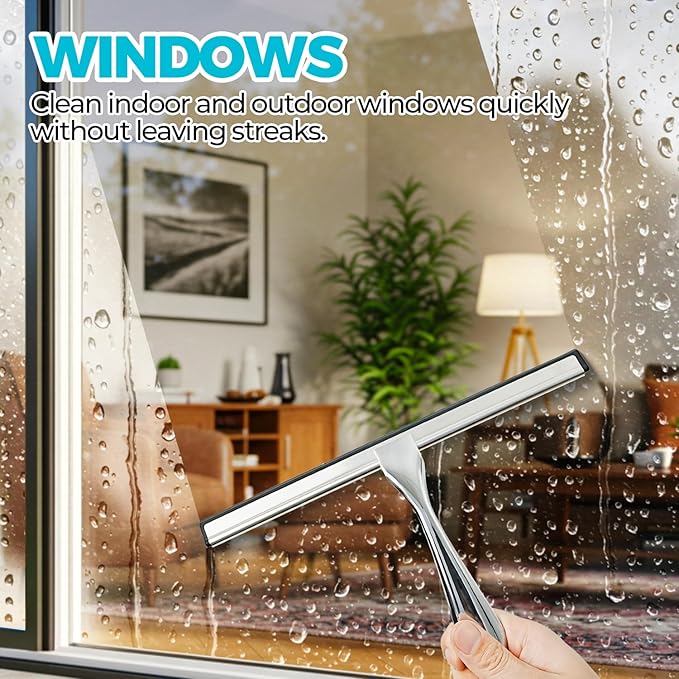 ALFLOD 2PACK 12-Inch All-Purpose Shower Squeegee for Shower Doors, Tile Shower Walls, Bathroom, Window, Glass and Car Windshield, Mirrors and Kitchen-Stainless Steel, Silver