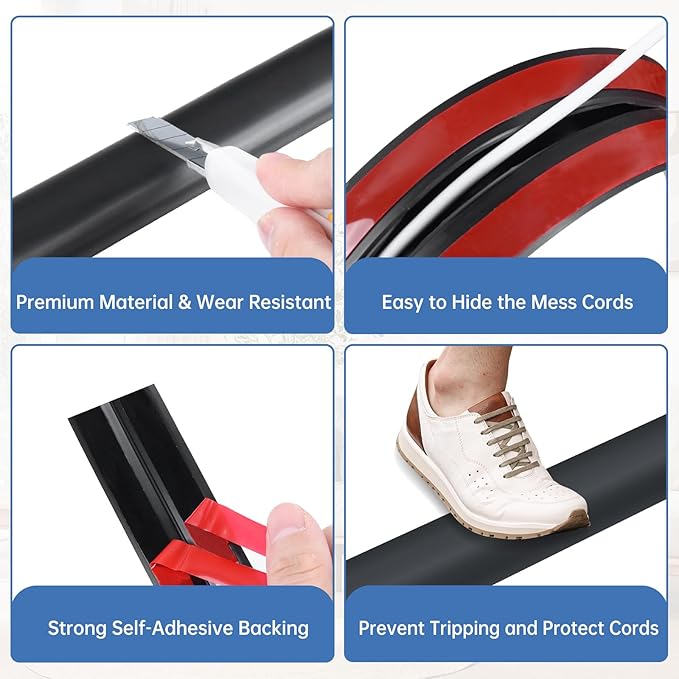 Floor Cord Cover Self Adhesive Cord Hider Floor Extension Cord Covers for Floor Power Cord Protector Cable Management Prevent Cable Trips Cable Cavity 0.51" W x 0.31" H (Black, 3.3Ft)