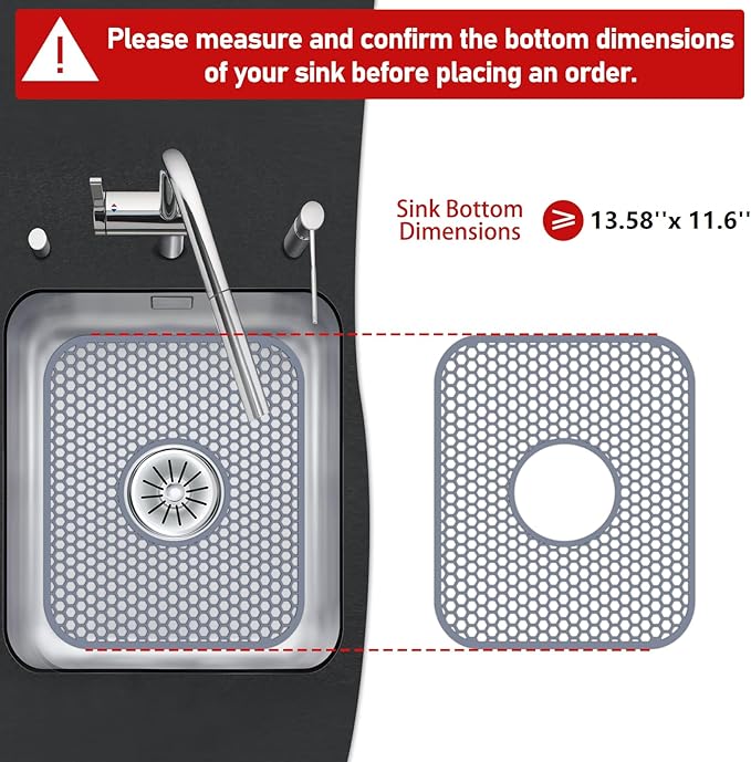 2 Pack Silicone Sink Protectors for Kitchen Sink with Center Drain, 13.58''x 11.6'' Non-Slip Heat Resistant Mat Grid for Bottom of Stainless Steel Porcelain (Center Hole)
