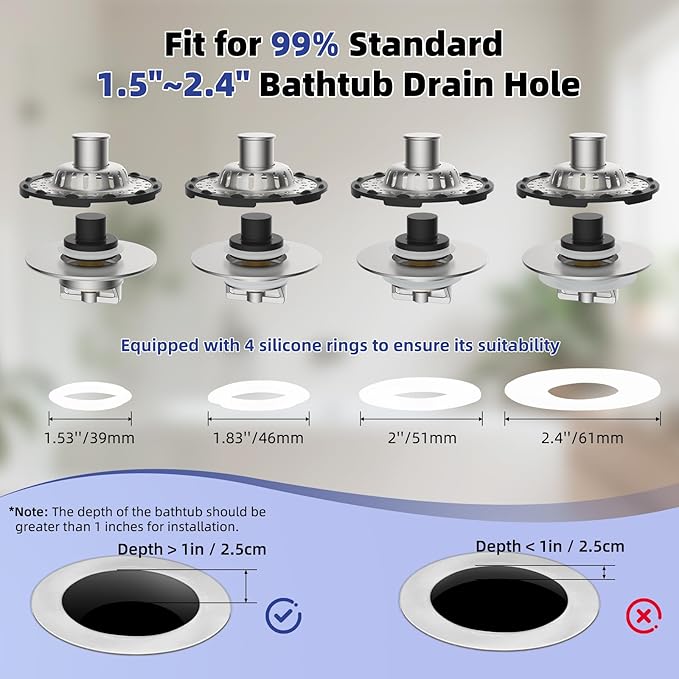 Metal 2 Pack Bathtub Drain Stopper with Top Hair Catcher, 3 in 1 Pop-up Bathtub Strainer, Tub Stopper with Detachable Stainless Steel Filter Basket for Standard 1.5 to 2.4'' Drain, Brushed Nickel