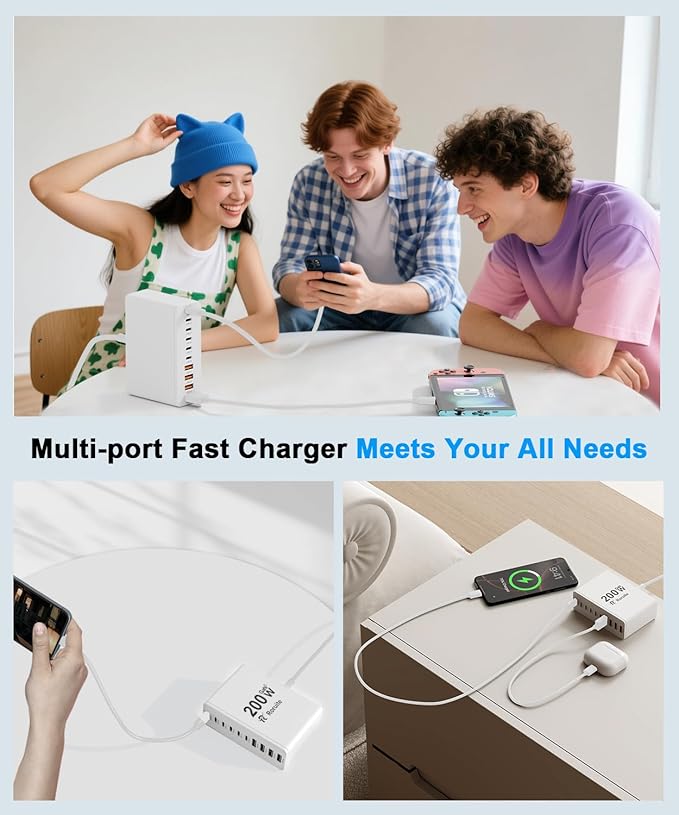 USB C Charging Station 10 Port with 4 USB Cables, 200W GaN Type C Charger Block, Wall Charger Power Strip Adapter Plug for iPad iPhone17 16 15 14 13 12 Pro Max Pixel Note Galaxy