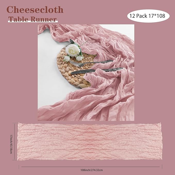 Bailarina 25 Pack Cheesecloth Table Runner 17x108 Inch Long Gauze Cheese Cloth 9ft Wrinkled Sheer Table Runner for Wedding Reception Birthday Party Table Decoration (Dusty Pink)