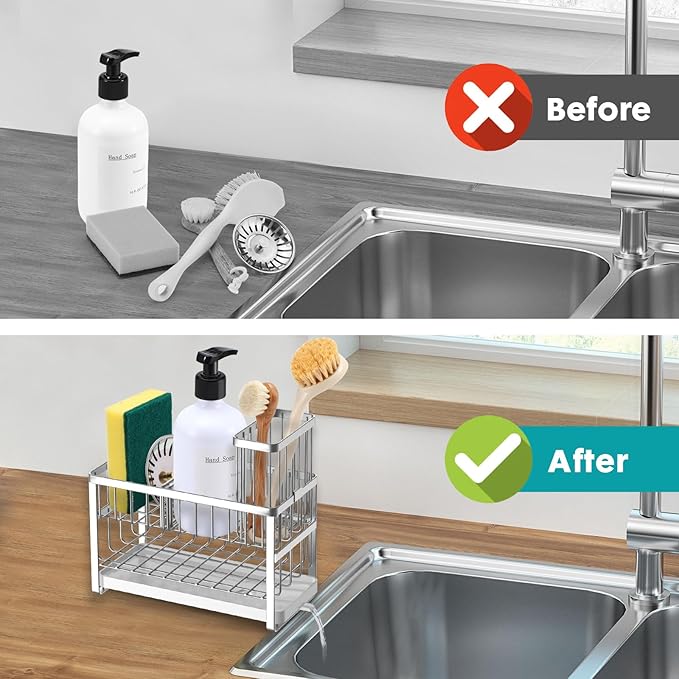 Sinnsally Kitchen Sponge Holder, 2-Tier Sink Caddy Organizer with Tall Brush Holder, Stainless Steel Sink Box Dish Scrubber Holder, Soap Tray for Kitchen Counter Accessories & Storage Rack (Silver)