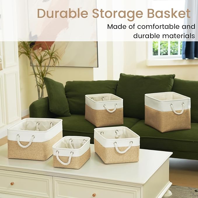 VQRTEXA Large Storage Baskets- 15.7x11.8x8.26 inch Storage Bins for Shelves and Closet Organizing, Foldable Fabric Bin for Home Organization Clothes and Laundry (6-Pack, White&Khaki)