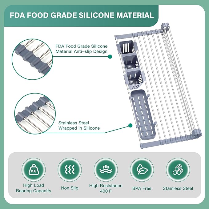 Extra Large Expandable Roll Up Dish Drying Rack, 22.8 x 17.3 in with Expandable Storage Basket Over The Sink Rolling Dish Drainer, Foldable Sink Dish Drainer for Kitchen Counter