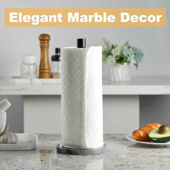 Koville African Marble Base Paper Towel Holder Countertop, Metal Rod 6" Marble Base Paper Towel Holder Stand for Kitchen Organization and Storage, Fit for Standard Size Rolls