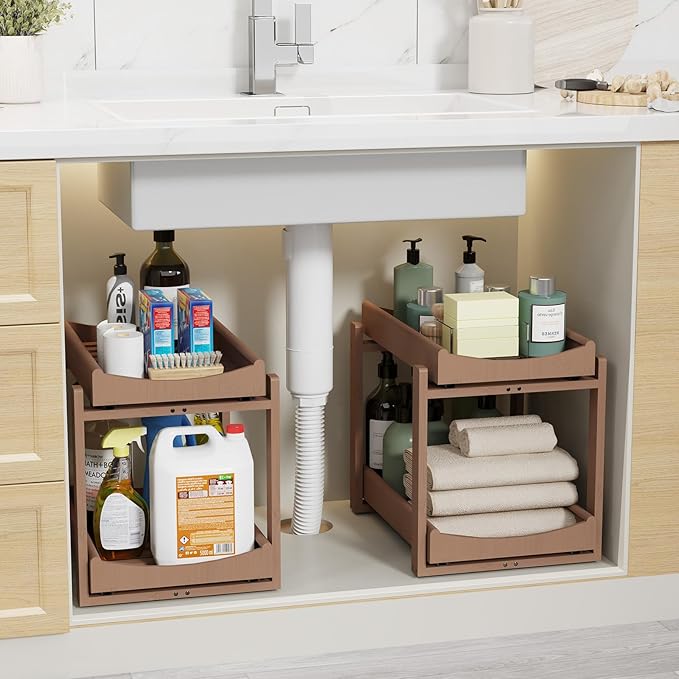 Wisuce Essentials Bamboo Under Sink Organizer Adjustable Height 2 Tier Bathroom Organizer Pull Out Cabinet Storage Kitchen Heave Duty Wood Slide Ou Shelf for Kitchen Bathroom (Brown, 2 Packs)