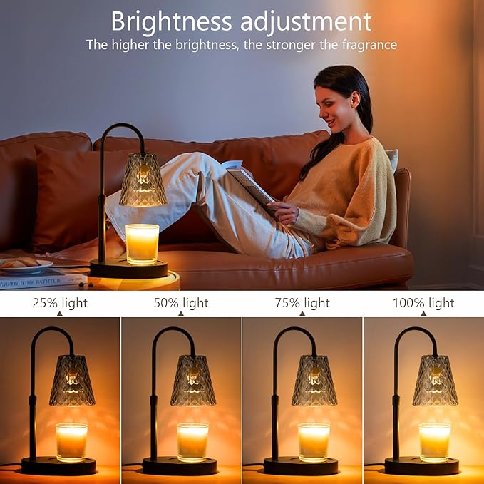 Candle Warmer Lamp with Timer: Electric Candles Warmers Adjustable Height Dimmable - Large Wax Candle Warmers Lamps Scented Flower Light - Home Decor Vintage Wood Base Shade Heat Modern Style Grey