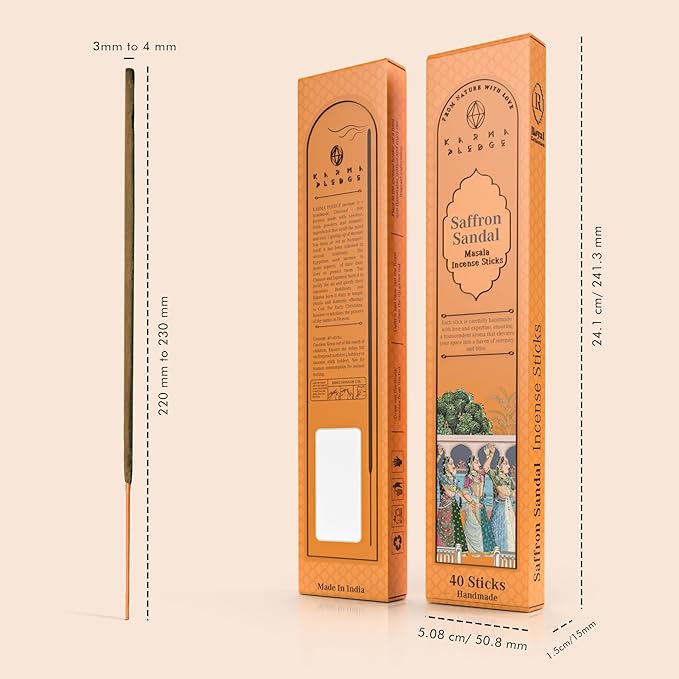 Incense Sticks, Saffron Sandal Incense, Made with Natural Ingredients, Hand Rolled Aromatic Masala, 40 Stick Pack, 45-60 Minute Burn Time, Best for Home Fragrance, Meditation, Yoga, Spiritual Healing