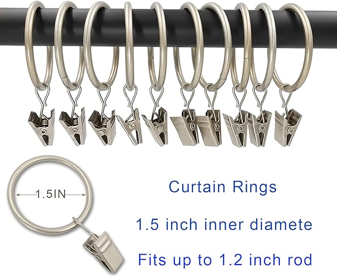 40 Pack Metal Curtain Rings with Clips, Curtain Clip Rings Hooks for Hanging Drapery Drapes Bows, Curtain Rod Rings 1.5 inch Interior Diameter, Matte Silver
