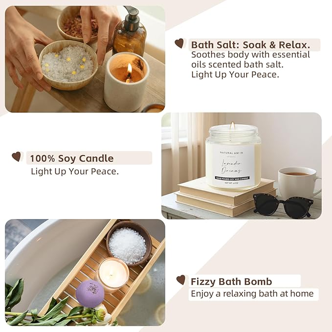 Natural Amor 5-Piece Lavender Spa Gift Set – Bath Bomb, Body Butter, Bar Soap, Bath Salt, Candle – Relaxing Self Care Kit for Women – Gift Box for Birthday, Thank You, Get Well