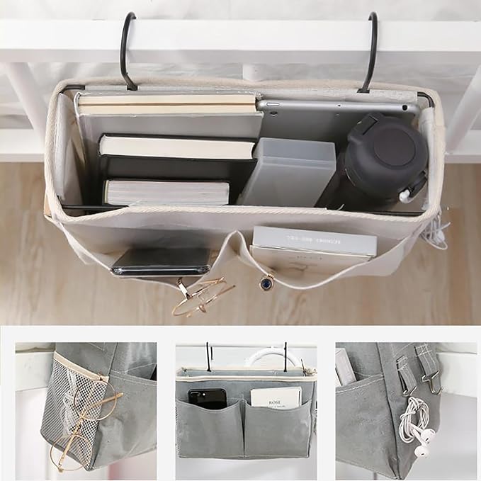 Bedside Caddy, Bedside Hanging Storage Organizer for College Dorm Bed, Bunk and Hospital Beds, Can be Placed Books, Phones,Keys, Glasses，Magazine Holder (Grey, 1)