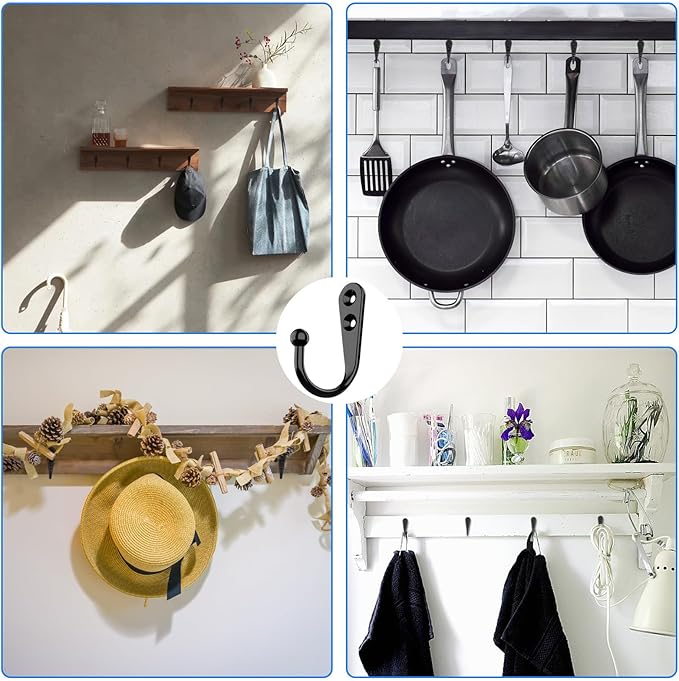 15 Pcs Black Coat Hooks - Wall Hooks for Closet Hanging, Multi-Room Use (Bathroom/Bedroom/Kitchen), Holds Coats/Towels/Scarves/Hats/Keys/Cups, Includes 30 Screws