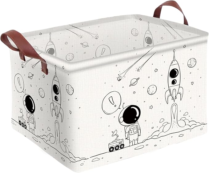 Spaceman Checkered Basket Waterproof Canvas Toy Storage Bin Room Decor Collapsible Outdoor Basket with Leather Handles Decor Blanket Baskets For Closets, Bedrooms, Gifts Baskets