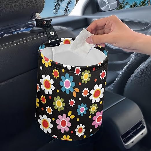 Panskyllis Colorful Hippie Flowers Car Trash Can Collapsible Car Waste Basket Container Waterproof Auto Storage Box Travel Accessories