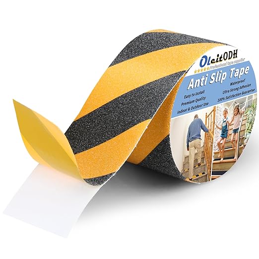 Non Slip Safety Grip Tape for Stairs Steps 2 in x 60Ft Non Skid Tread High Traction Friction, Black Yellow Strong Grip Abrasive Adhesive Hazard Caution Tape