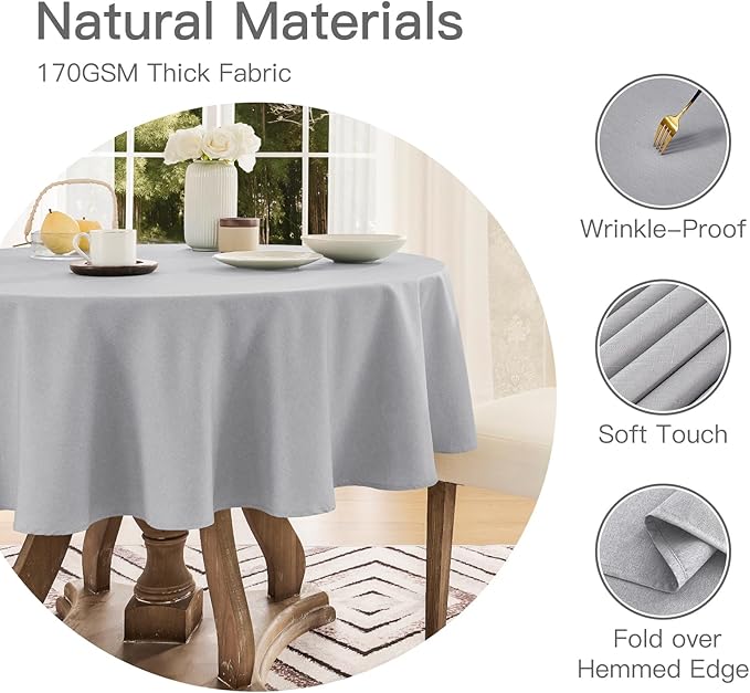 Veblandy Tablecloth Linen Textured Waterproof & Stain Resistant Table Cloth Wrinkle Free Decorative Fabric Farmhouse Table Cover for Dining/Party/Buffet/Wedding, 60 x 60 Inch, Light Grey