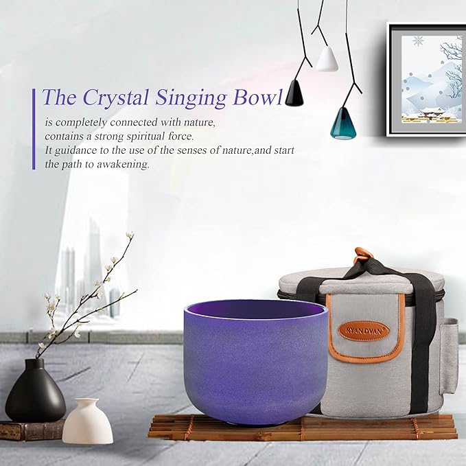 RYAN DVAN 8” B Note Purple Frosted Crown Chakra Crystal Singing Bowl with Free Heavy-Duty Carrying Case and Suede Striker O-Ring