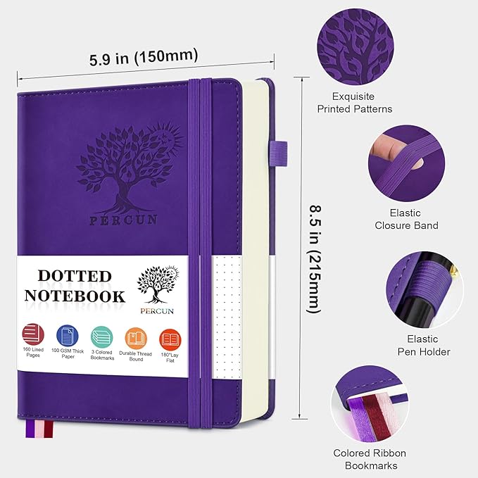 Dotted Journal Notebook for Men & Women, 160 Pages Dot Grid notebook for Note Taking, Bullet Journaling Notebook for Work, School, Travel, Writing, A5 Hardcover 5.9" x 8.5"(Purple)