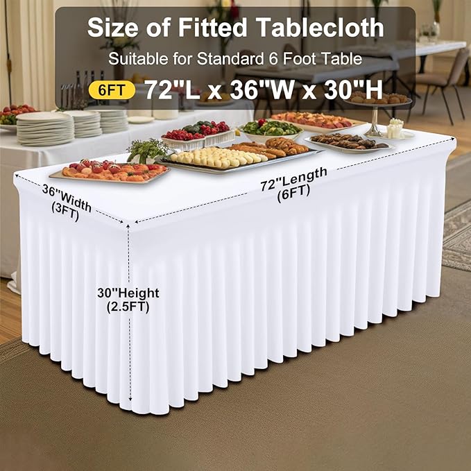 Smiry Spandex Tablecloth, Elastic Fitted Stretch Tablecloth for 6FT Rectangle Tables, Waterproof Washable Table Cover Skirt for Outdoor, Wedding, Banquet & Parties (White, 72Lx36Wx30H Inch)