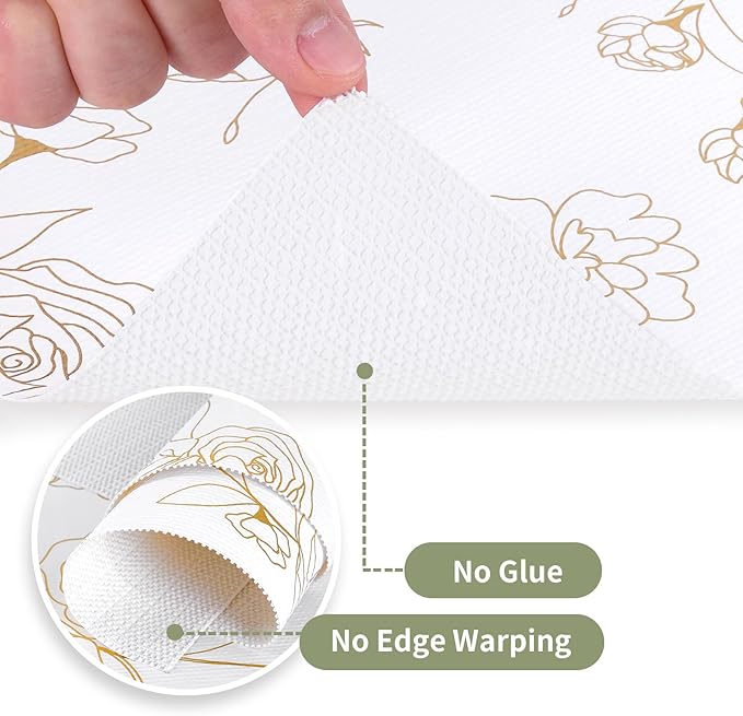 Shelf Liners for Kitchen Cabinets 12in x 30FT Non Adhesive Drawer Liner Gold Floral Thickened Shelf Liner Paper Strong Non-Slip Easy to Clean for Tool Box Refrigerator with Knife and Tape Measure