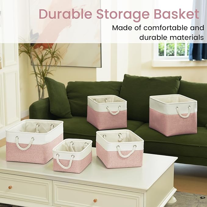 VQRTEXA Large Storage Baskets- 15x11x10 inch Storage Bins for Shelves and Closet Organizing, Foldable Fabric Bin for Home Organization Clothes and Laundry (6-Pack, White&Pink)