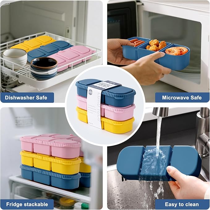 3 Pack Silicone Reusable Snack Containers with Lids - 3 Compartment Snackle Box for Kids & Adults, BPA-Free & Leakproof, Small for Dressing, Sauces, School, Office, Picnic (Blue, yellow, pink)