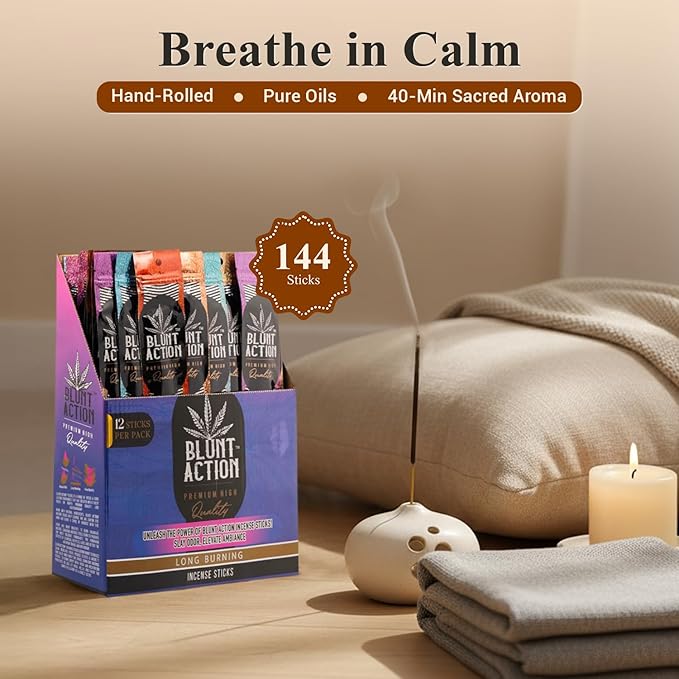 Tulasi Blunt Action Incense Sticks, 12 Packs, 144Pc, Long Lasting Fragrance, Natural Essential Oils Hand Rolled Incense Sticks for Aromatherapy, Relaxing, Yoga, Meditation, Prayer, Thanks Giving