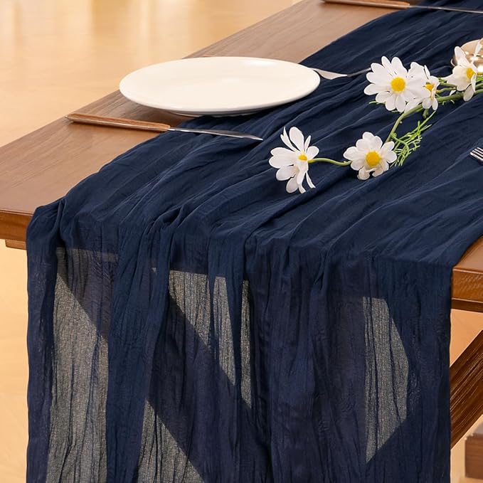 Socomi 10pcs Navy Blue Summer Cheesecloth Table Runner Boho Rustic Gauze 120 inch 10FT Cheese Cloth Sheer Runner for Wedding Party Baby Shower Birthday Home Decor Holiday Decorations