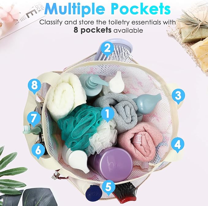 Fammart Mesh Shower Caddy Portable for College Dorm Room Essentials, 8-Pocket Large Shower Basket Tote Bag with 2 Handles for Toiletry, Bathroom, Beach, Camp, Gym